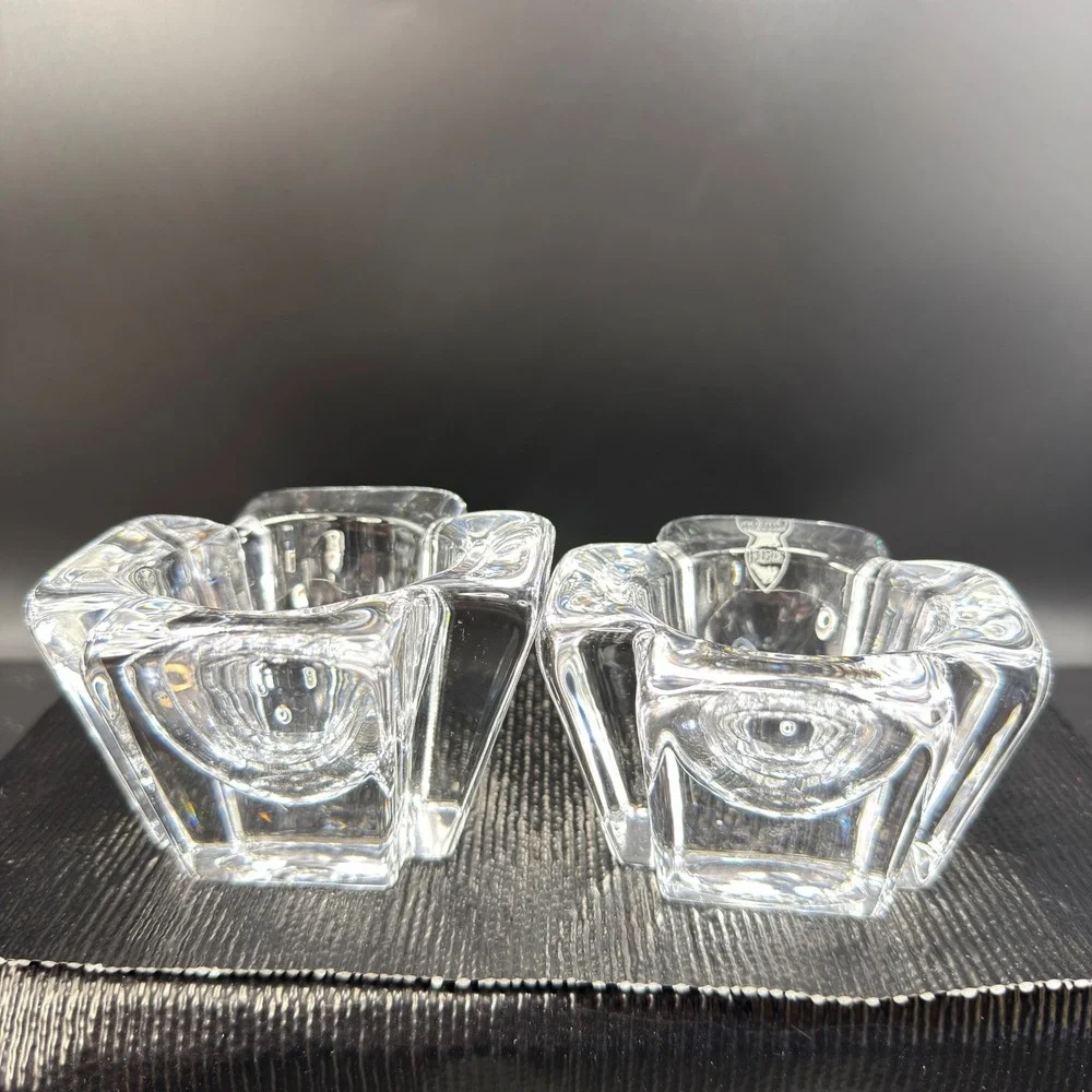 Orrefors Sweden Corona Crystal Votive Candle Holder Set of 2 Lars Hellsten Clear